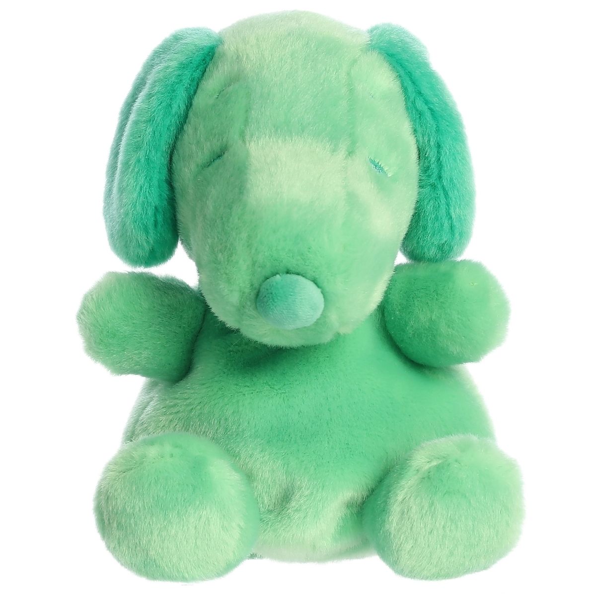 Straight front view of the sitting green Snoopy plush showing his dark green nose, collar, and sleepy embroidered eyes.