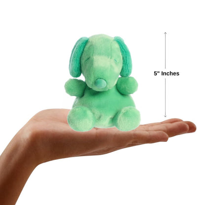 Sizing graphic showing the 5-inch Palm Pals Green Snoopy plush sitting perfectly in the palm of a hand to demonstrate its small scale.