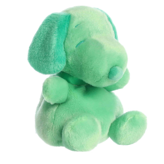 Front angled view of the 5-inch Aurora Palm Pals Peanuts Snoopy Color Collection plush toy featuring a mint green body with dark green ears and nose.