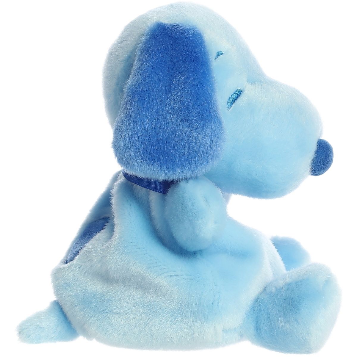 Side profile of the Aurora Palm Pals blue Snoopy plush highlighting his floppy ear, collar, and little tail.