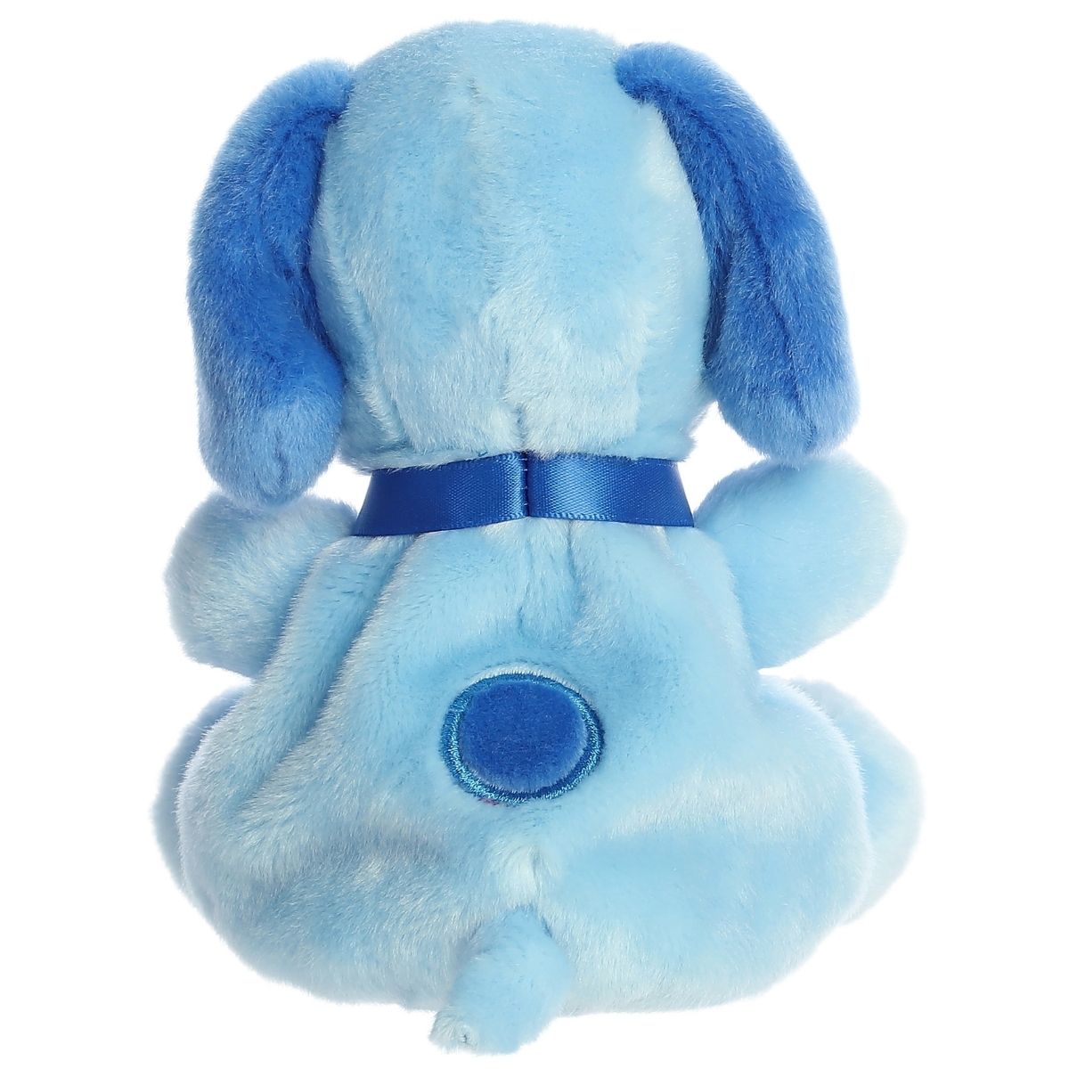 Back view of the cuddly blue Palm Pals Snoopy stuffed toy showing his collar and the dark blue spot on his back.