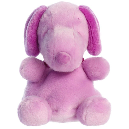 Straight front view of the sitting purple Snoopy plush showing his dark purple nose, collar, and sleepy embroidered eyes.