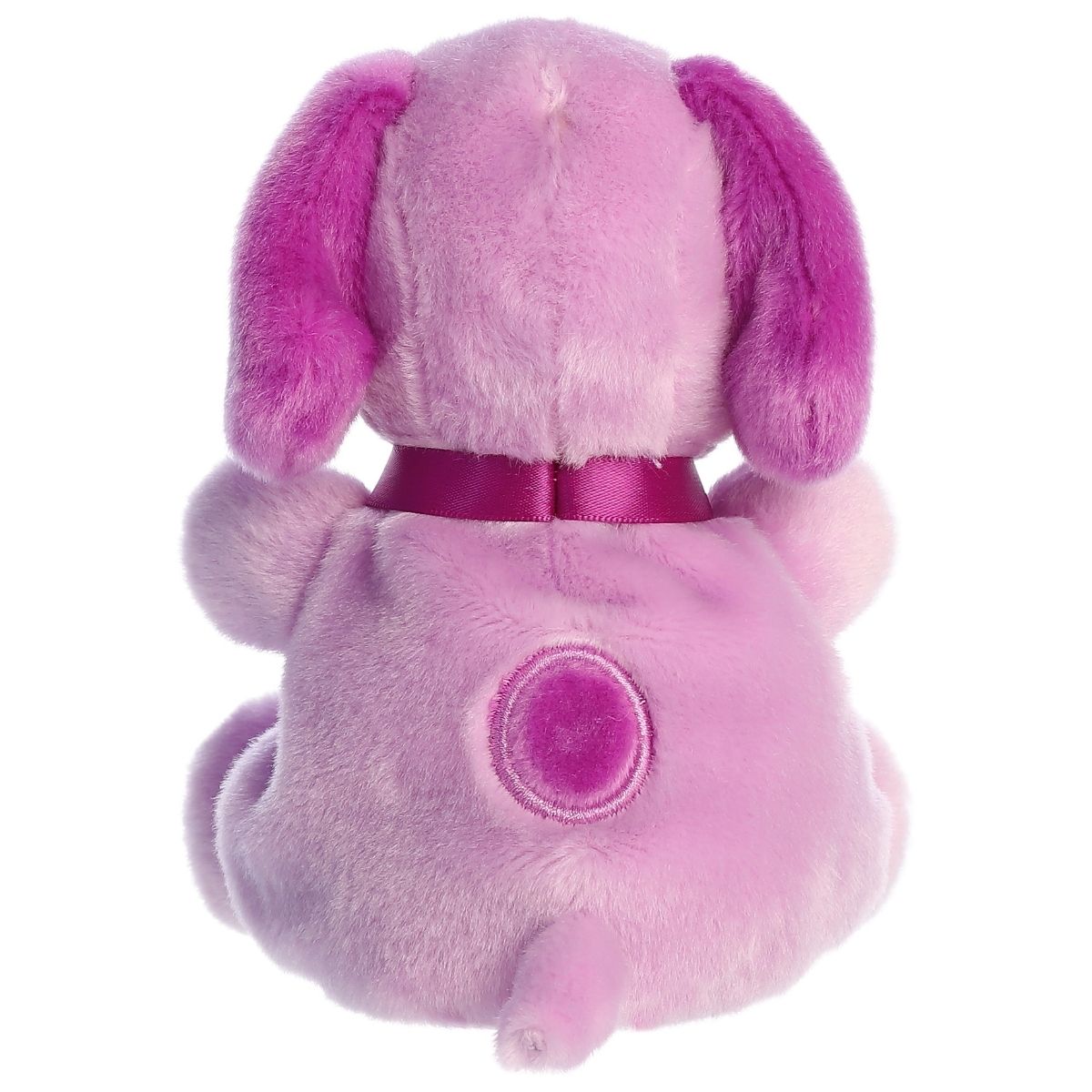Back view of the Aurora Snoopy plush showcasing his lavender body, dark purple ears, collar, and the matching spot on his back.