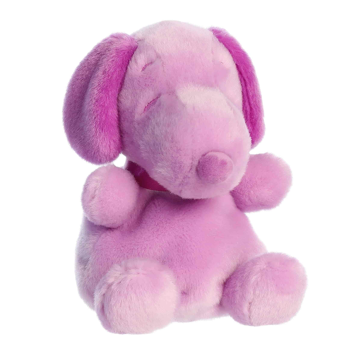 Front angled view of the 5-inch Aurora Palm Pals Peanuts Snoopy Color Collection plush toy featuring a lavender purple body with dark purple ears and nose.