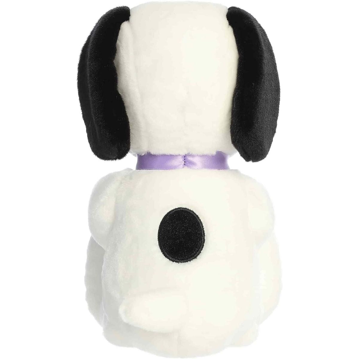 Direct back view of the Snoopy stuffed animal sitting down, highlighting the black spot on his back.