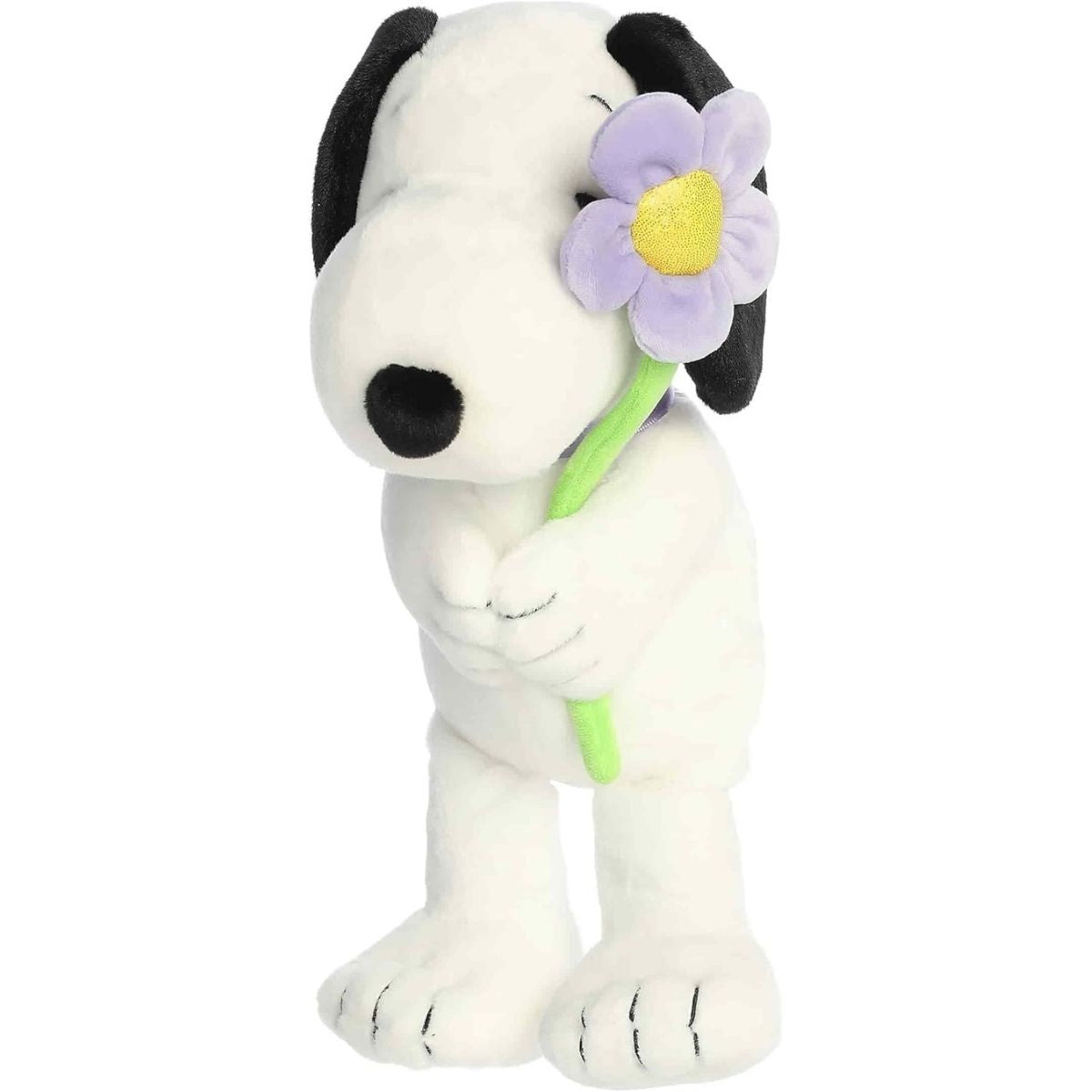 Straight-on front view of the 9-inch Aurora Peanuts Snoopy plush standing up tall.