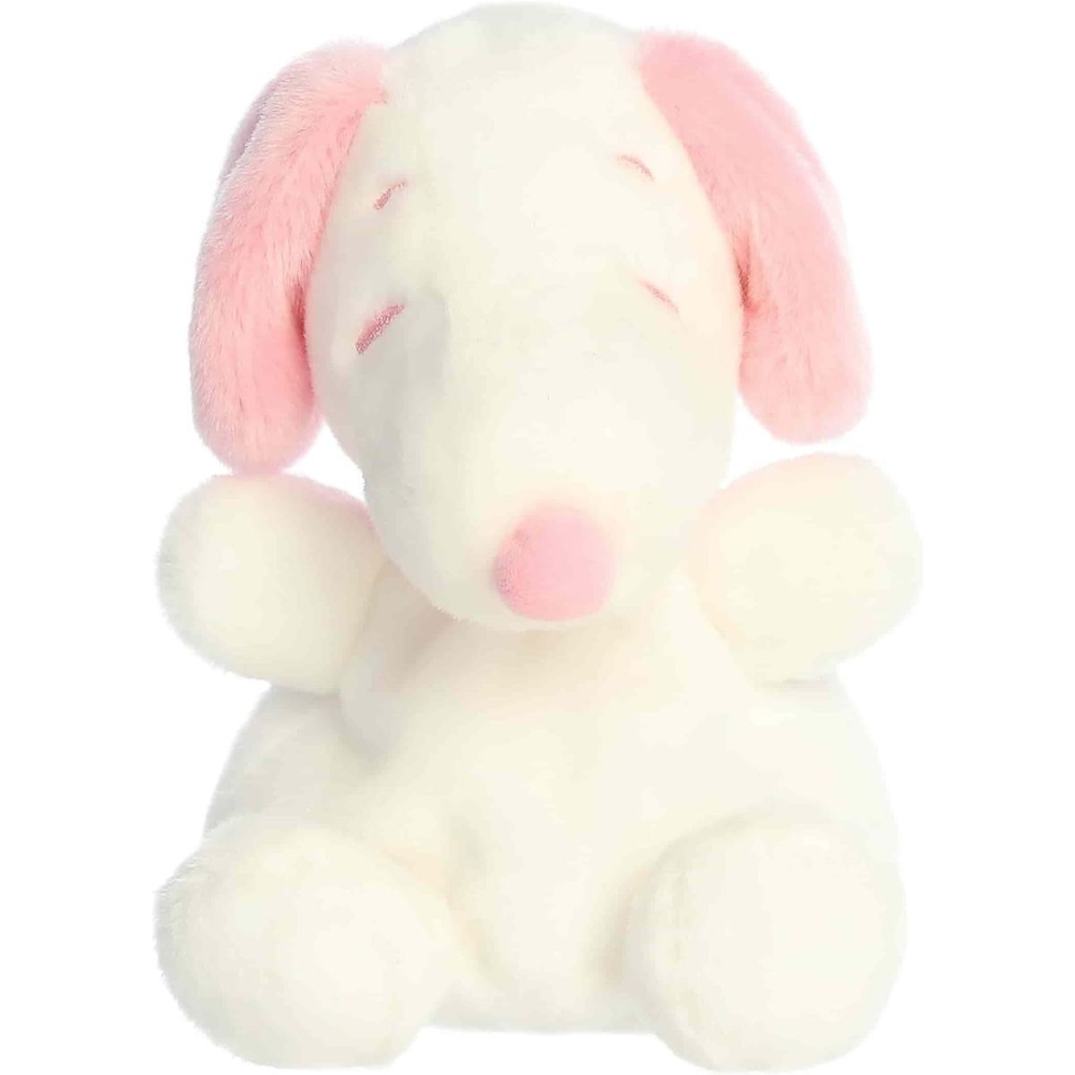 Straight-on front view of the soft white Palm Pals Snoopy plush showing its closed happy eyes and light pink nose.