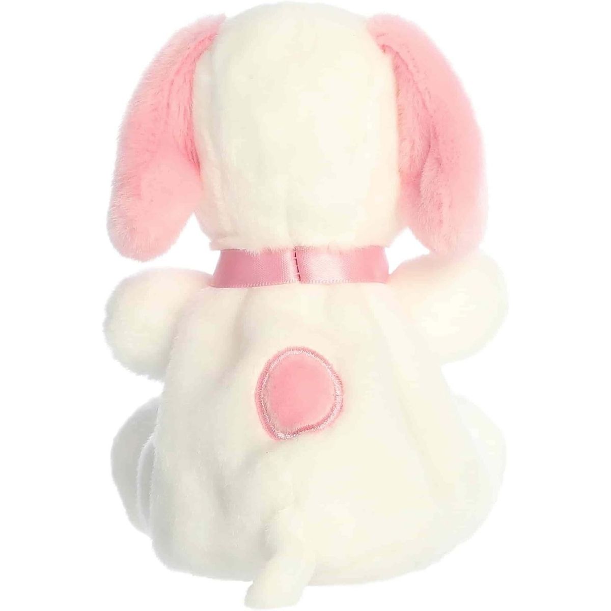 Direct back view of the cuddly white Snoopy stuffed animal showing its pink ears, collar, and pastel back spot.