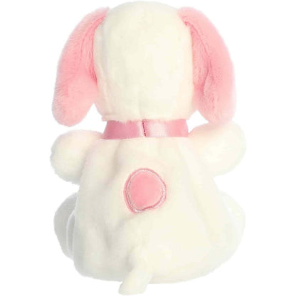 Direct back view of the cuddly white Snoopy stuffed animal showing its pink ears, collar, and pastel back spot.