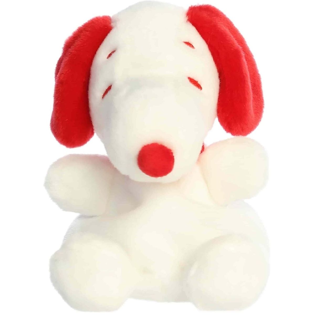 Straight front view of the sitting red and white Snoopy plush showing his red nose, red collar, and sleepy embroidered eyes.