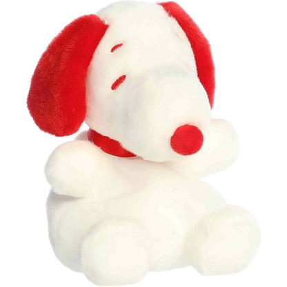 Front angled view of the 5-inch Aurora Palm Pals Peanuts Snoopy Red and White plush toy featuring white fur with red ears and a red nose.