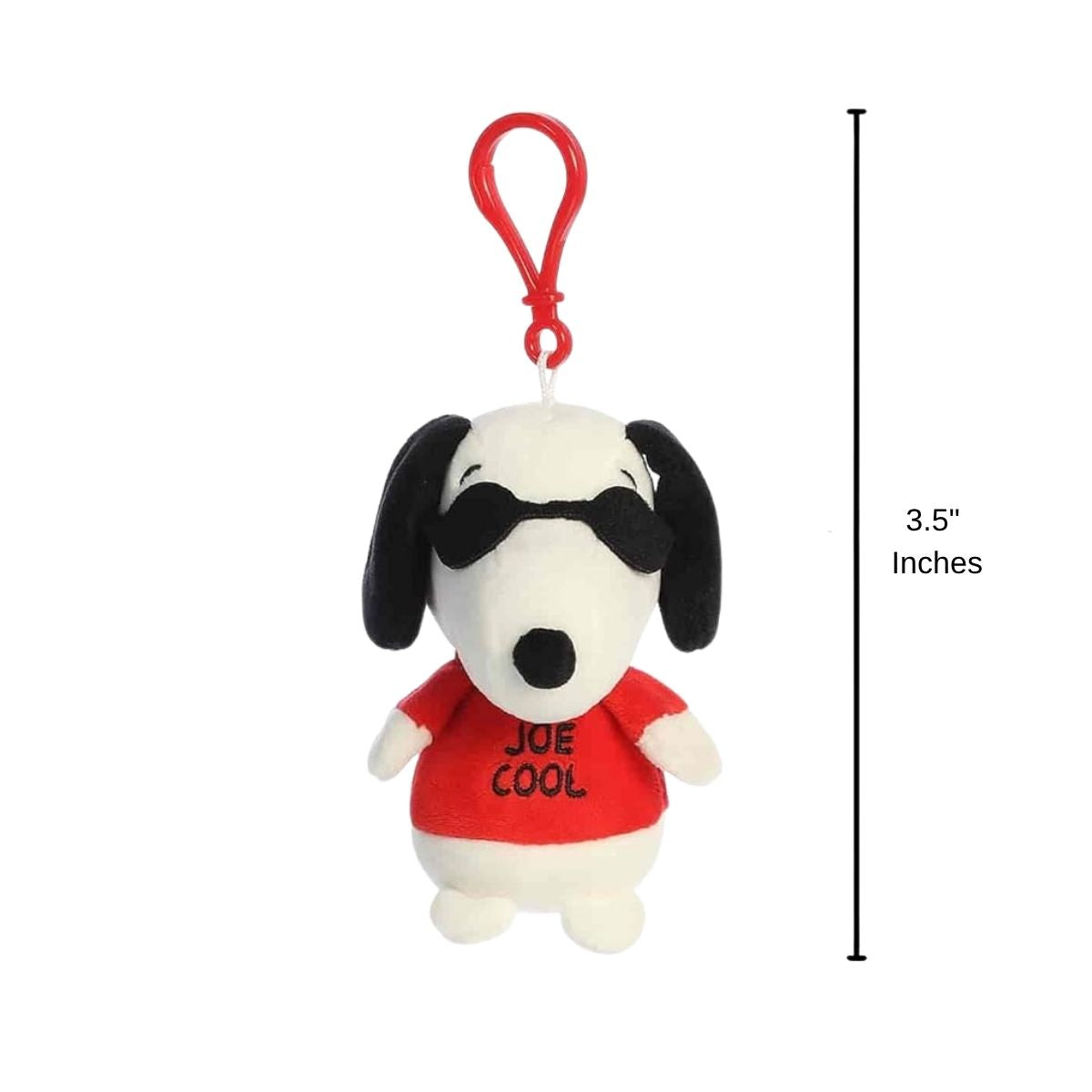 Sizing graphic for the Aurora Peanuts Joe Cool plush showing its clip-on scale, indicating a total height of 5.5 inches including the clip.