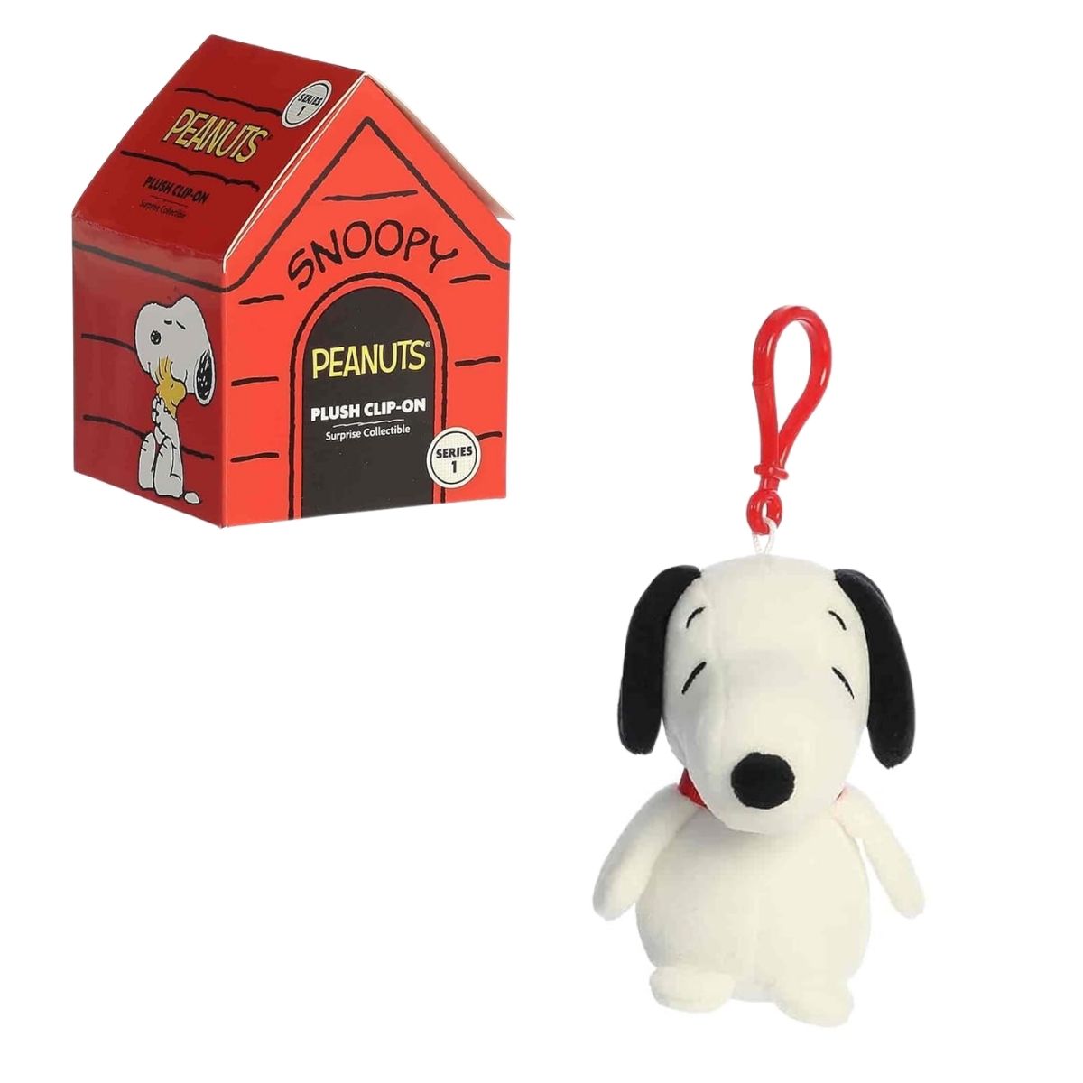 Front view of the Aurora Peanuts Mini Plush Surprise Collectible showing the red Snoopy doghouse blind box packaging next to a classic Snoopy plush clip-on.
