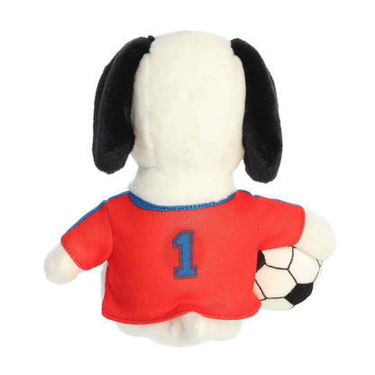 Back view of the Aurora Soccer Snoopy plush showcasing the blue number 1 on the back of his red jersey.
