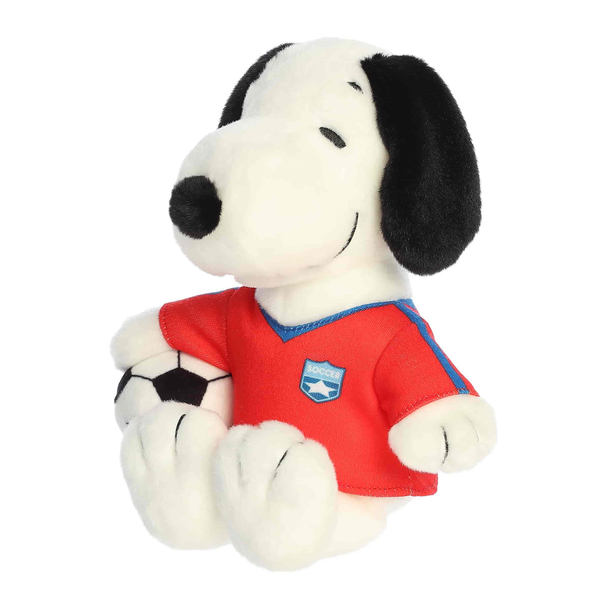 Angled front view of the Snoopy plush toy sitting and looking to the side, ready for the big match.