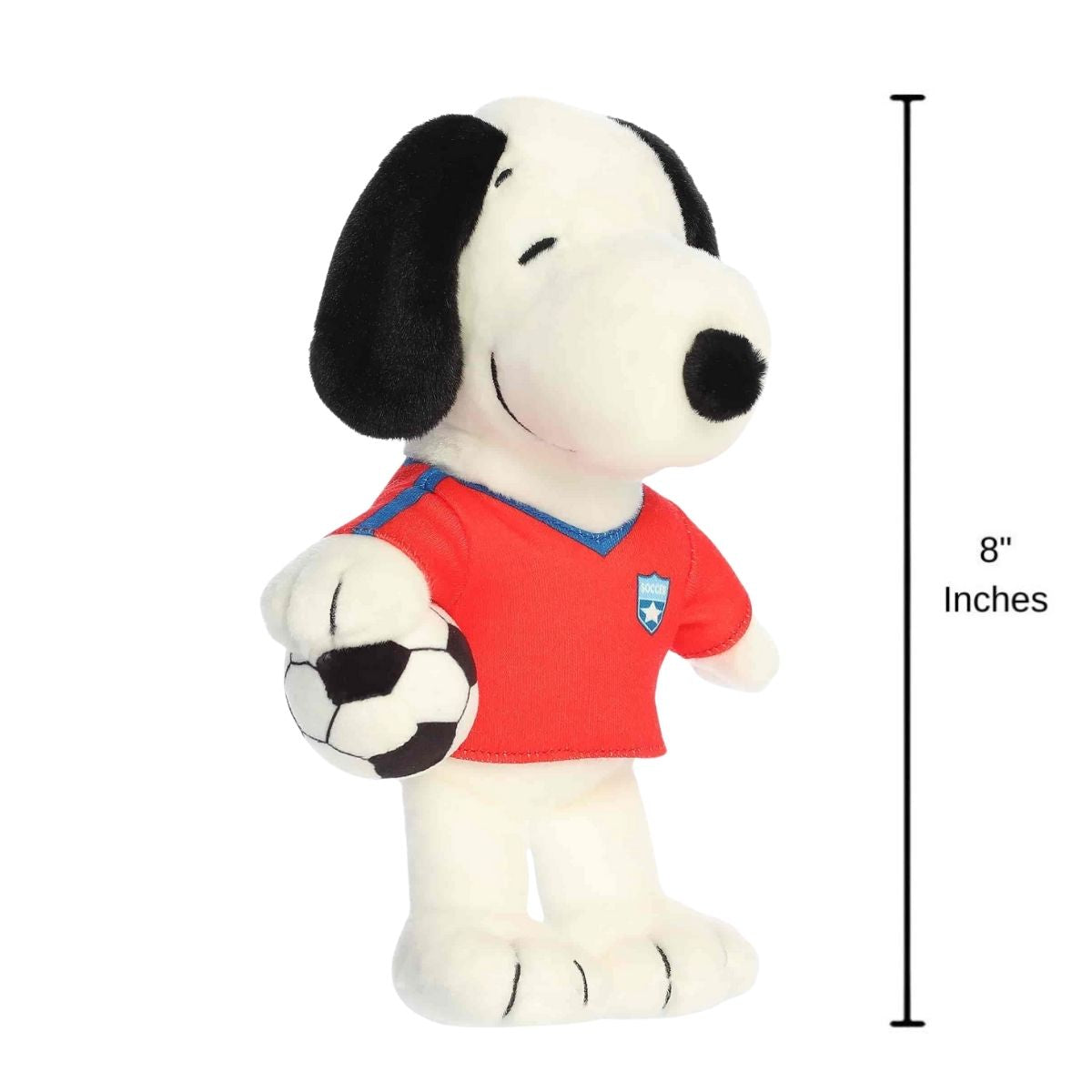 Sizing graphic for the Peanuts Soccer Snoopy plush showing it standing upright, indicating a total height of 8 inches.