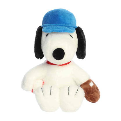 Straight front view of the sitting Snoopy stuffed animal showing his blue hat, red collar, and baseball glove.
