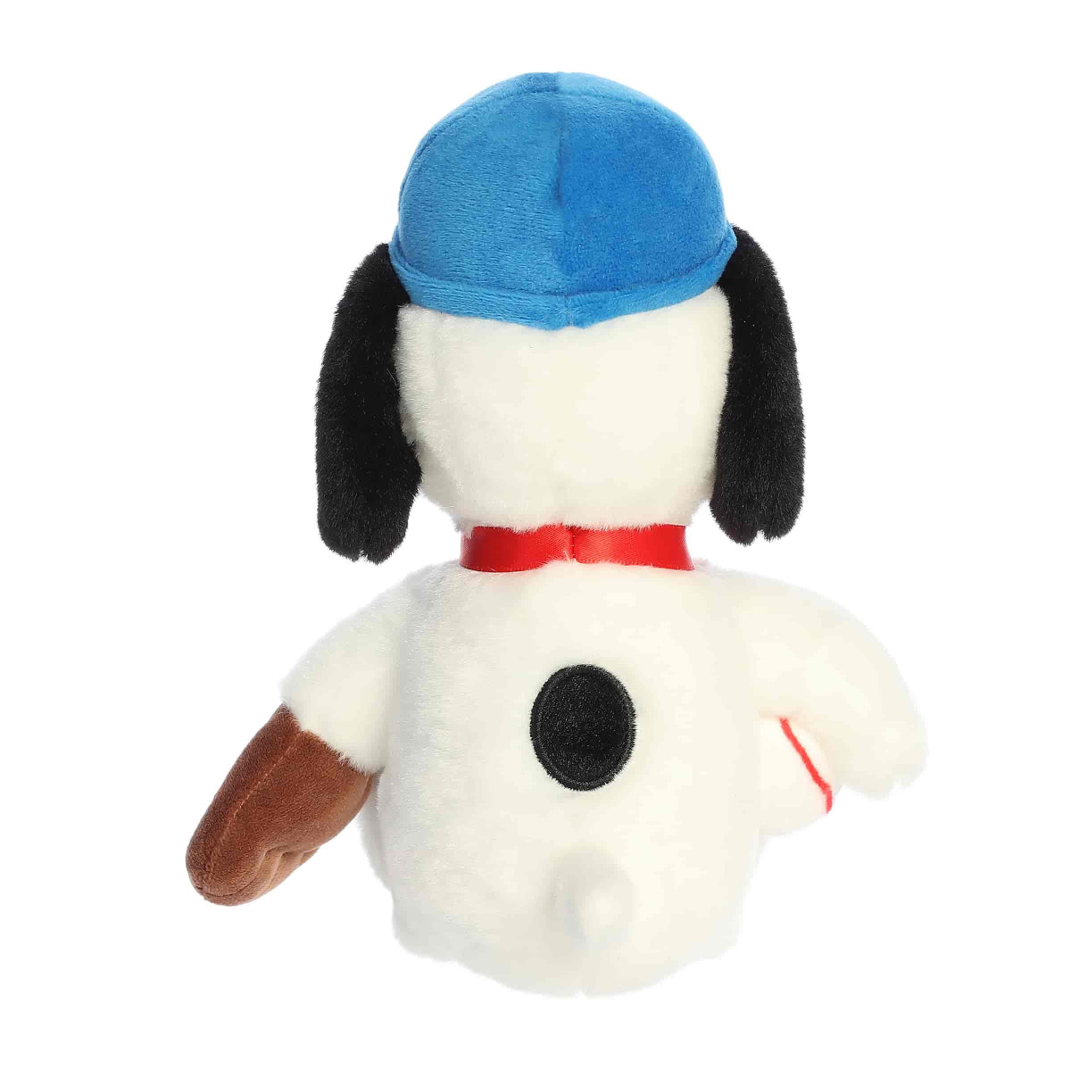 Back view of the Aurora Baseball Snoopy plush showcasing his blue hat, red collar, and the signature black spot on his back.