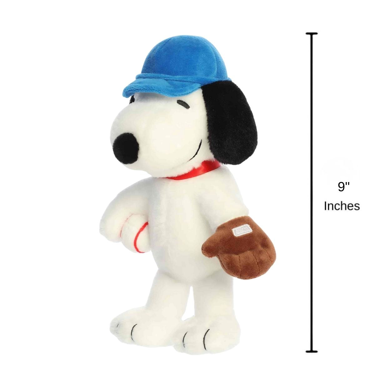 Sizing graphic for the Peanuts Baseball Snoopy plush showing it standing upright, indicating a total height of 9 inches.