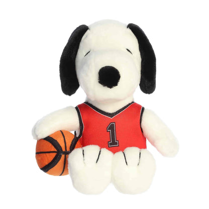 Straight front view of the sitting Snoopy stuffed animal showing his red number 1 jersey, black nose, and plush basketball.