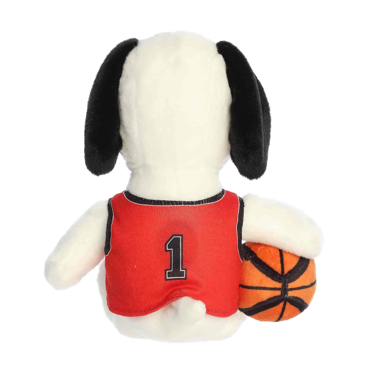 Back view of the Aurora Basketball Snoopy plush showcasing the black number 1 on his red jersey and his floppy black ears.