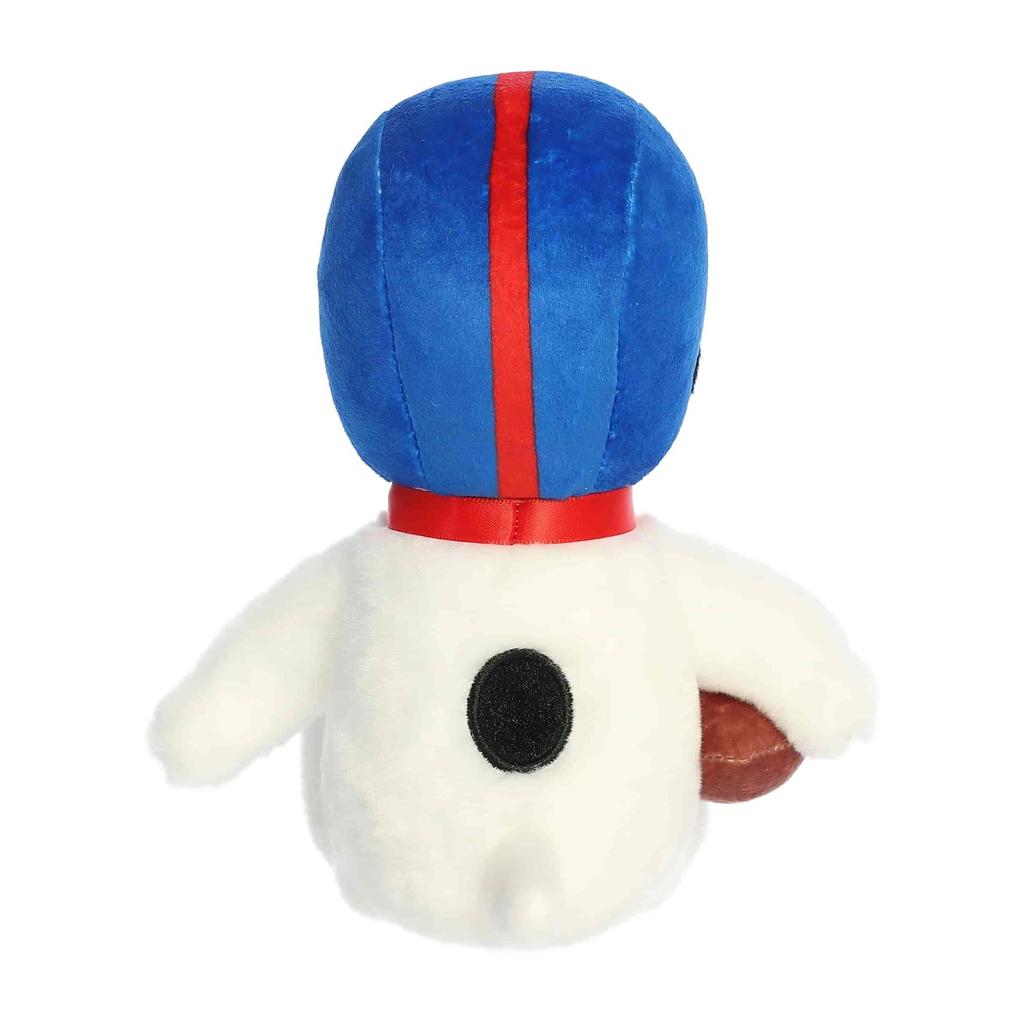 Back view of the Aurora Football Snoopy plush showcasing the red stripe on his blue helmet, his red collar, and the black spot on his back.