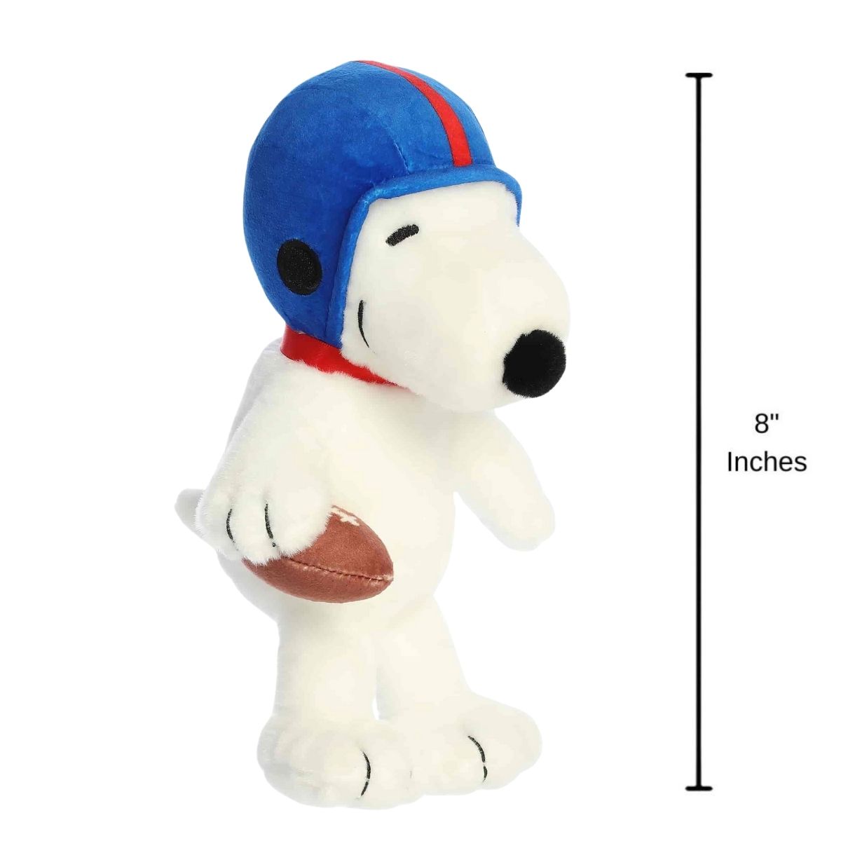 Sizing graphic for the Peanuts Football Snoopy plush showing it standing upright in a walking pose, indicating a total height of 8 inches.