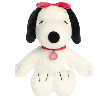 Straight-on perspective of the Belle plush toy highlighting her black nose, floppy ears, and smiling expression.