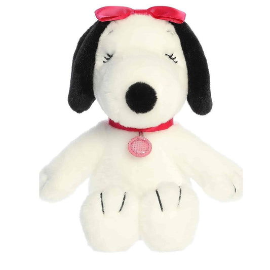 Straight-on perspective of the Belle plush toy highlighting her black nose, floppy ears, and smiling expression.