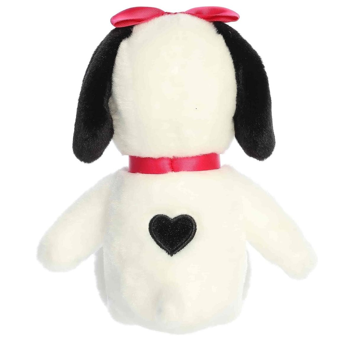 Rear view of the Belle Peanuts plush showcasing her soft white fabric and the cute black heart-shaped spot on her back.