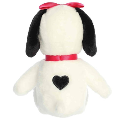 Rear view of the Belle Peanuts plush showcasing her soft white fabric and the cute black heart-shaped spot on her back.