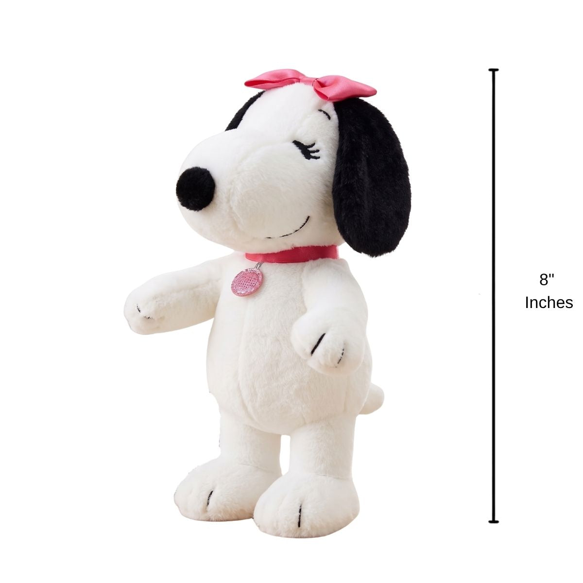 Infographic showing the 8-inch Aurora Peanuts Belle stuffed animal standing upright to demonstrate its overall height.