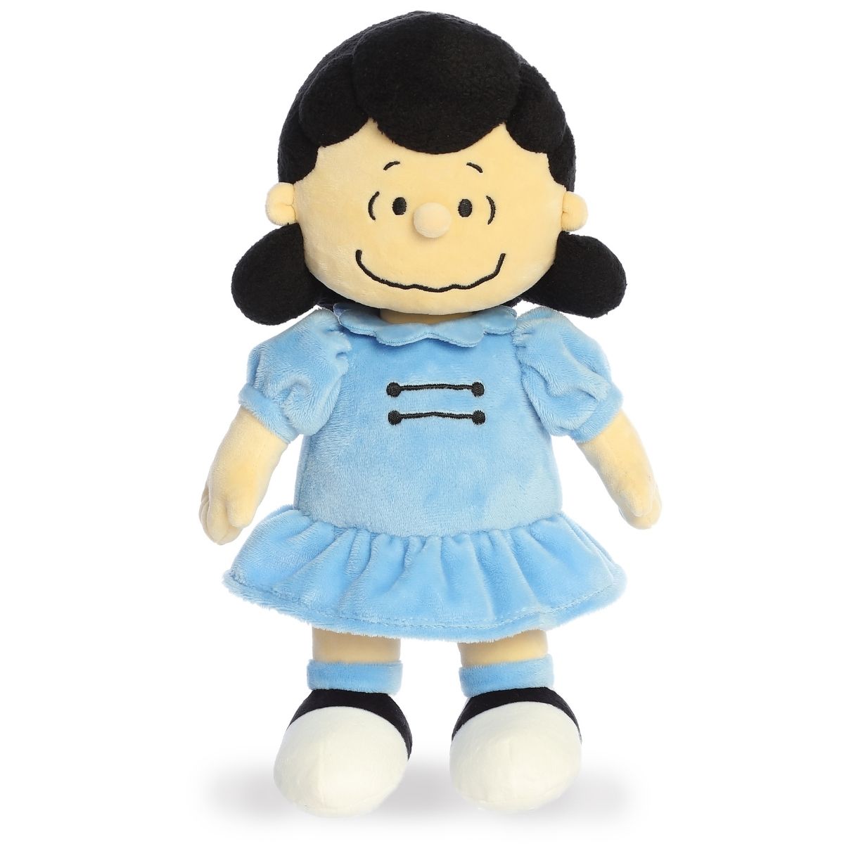 Straight-on front view of the 13-inch Aurora Peanuts Lucy plush standing up tall.