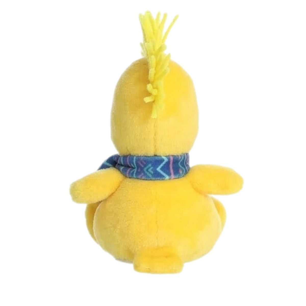 Back view of the Woodstock stuffed animal showing his bright yellow body, fluffy hair tuft, and the tied back of his scarf.