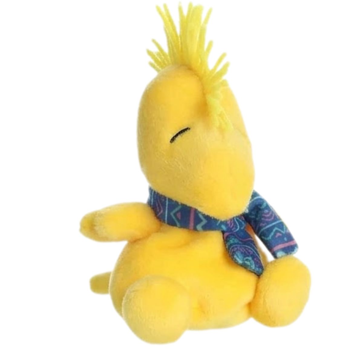 Front angled view of the Aurora Palm Pals Peanuts Woodstock plush wearing a blue patterned winter scarf.