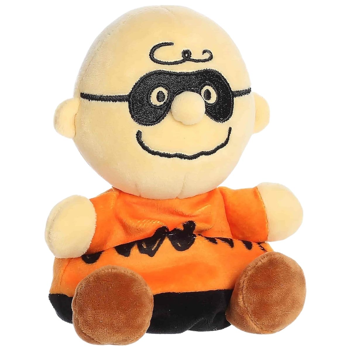 Aurora 5-inch Palm Pals Peanuts Masked Charlie Brown plush toy sitting forward showing his orange and black zig-zag shirt, brown feet, and an embroidered black mask over his eyes.