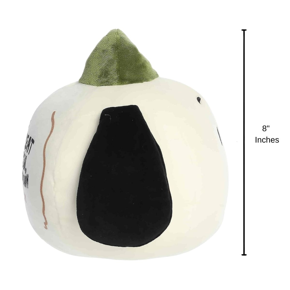 Rear profile view thumbnail showing a large iconic black beagle spot on the side of the white pumpkin body next to an 8-inch height measurement indicator.