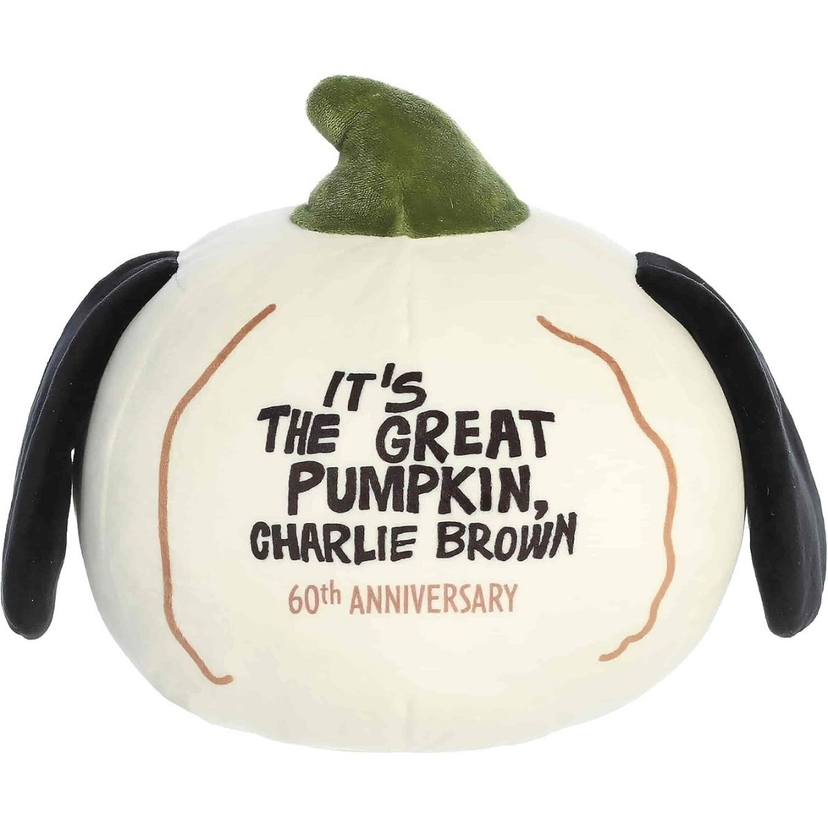 Back view thumbnail of the Aurora Peanuts plush displaying the embroidered commemorative text "It's The Great Pumpkin, Charlie Brown 60th Anniversary" in black and gold script.