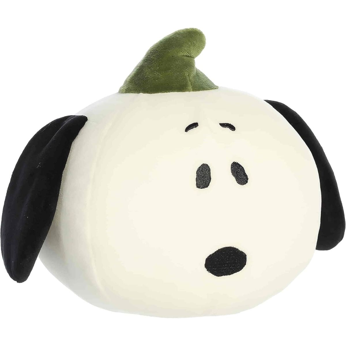 Aurora 8-inch Peanuts Pumpkin Snoopy plush toy showing its round white pumpkin body, long black floppy ears, embroidered minimalist face, and a forest-green stem on top.
