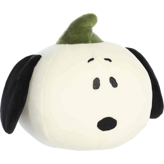 Aurora 8-inch Peanuts Pumpkin Snoopy plush toy showing its round white pumpkin body, long black floppy ears, embroidered minimalist face, and a forest-green stem on top.