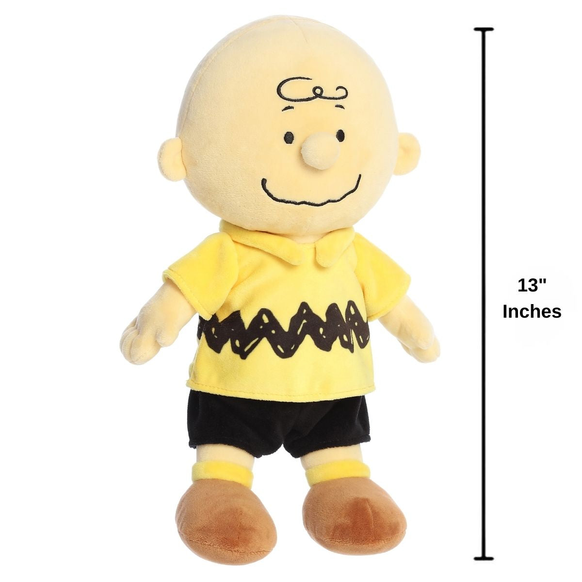 Dimension graphic showing the Aurora Peanuts Charlie Brown plush standing with a 13-inch height measurement label.