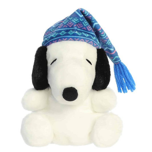 Straight front view of the 5-inch Snoopy stuffed animal highlighting his black nose, floppy ears, and cozy blue sleeping cap.