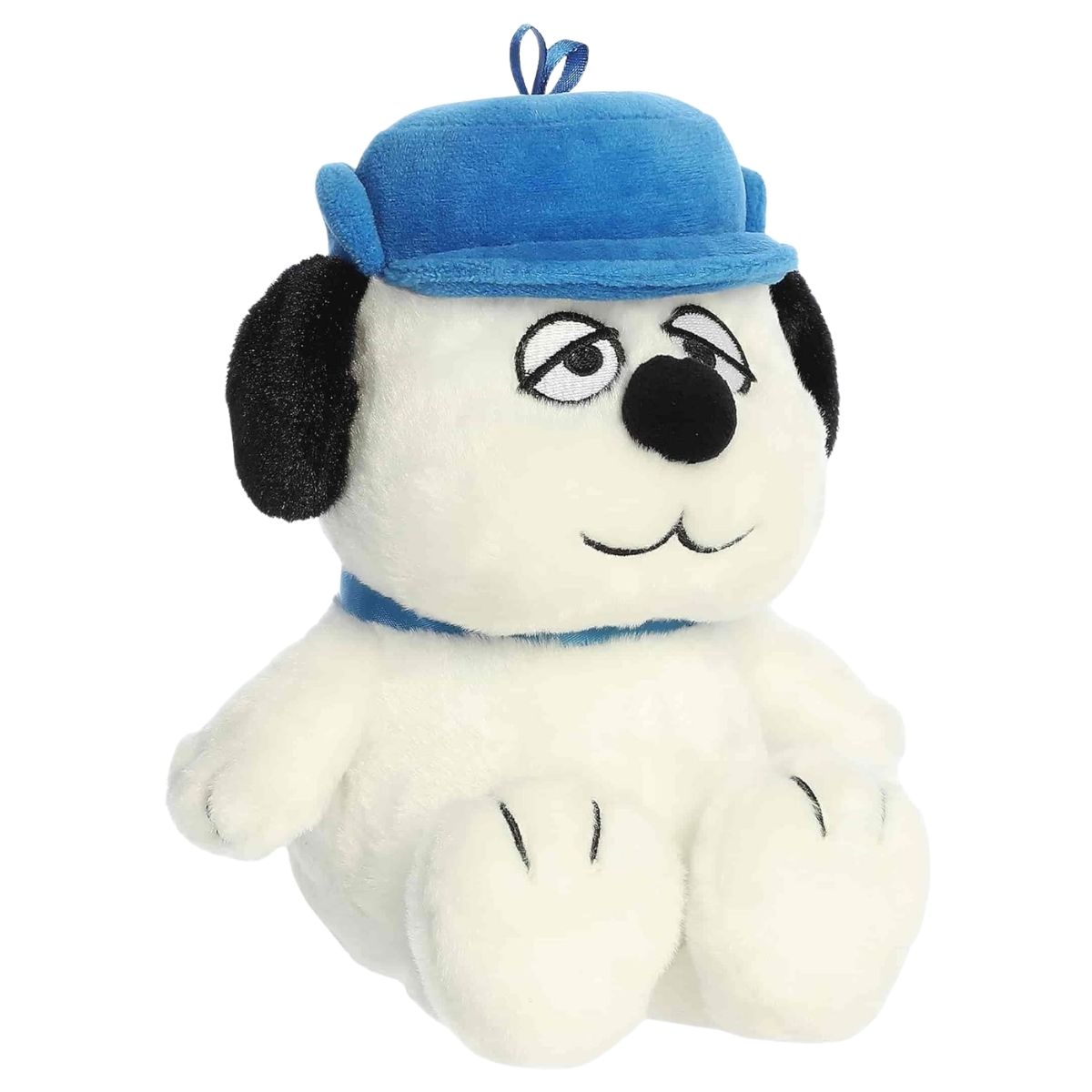 Aurora 8-inch Peanuts Olaf plush toy showing its plump white body, sleepy eyes, black floppy ears, and blue cap.
