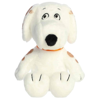 Front view thumbnail of the cute Marbles plush sitting straight, highlighting his expressive embroidered eyebrows, black nose, and orange ribbon collar.
