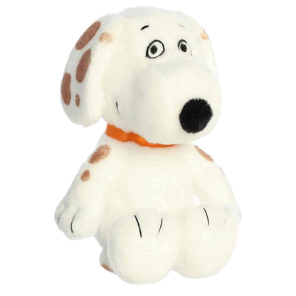 Aurora 8-inch Peanuts Marbles plush toy showing its white fur, brown spotted ears and back, orange collar, and black nose.