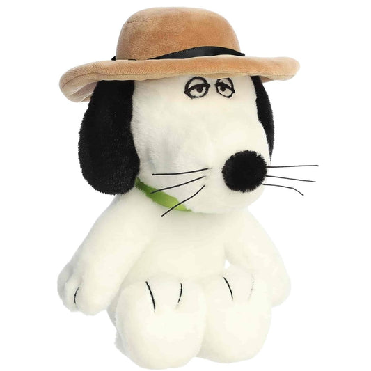 Aurora 8-inch Peanuts Spike plush toy showing his white fur, brown fedora hat, black whiskers, lime-green collar, and black floppy ears.