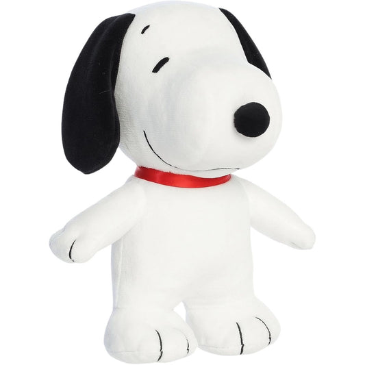 Aurora 8.5-inch Peanuts Snoopy "Dood" plush toy standing forward with white fur, black ears, and a vibrant red collar.