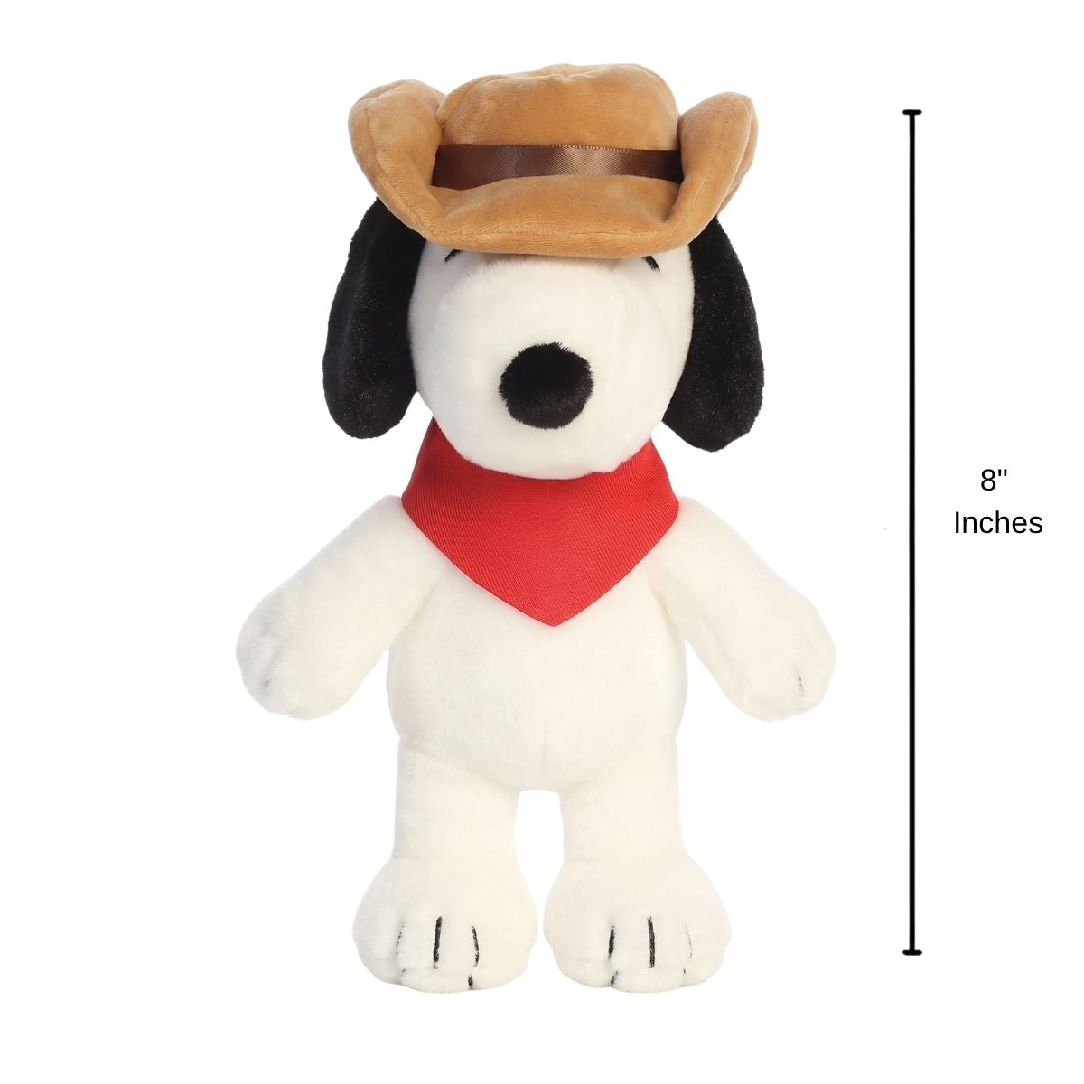 The Cowboy Snoopy plush toy standing next to an 8-inch height graphic indicator.
