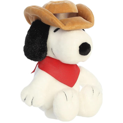 Aurora 8-inch Peanuts Cowboy Snoopy plush toy sitting forward wearing a brown cowboy hat and a red bandana.
