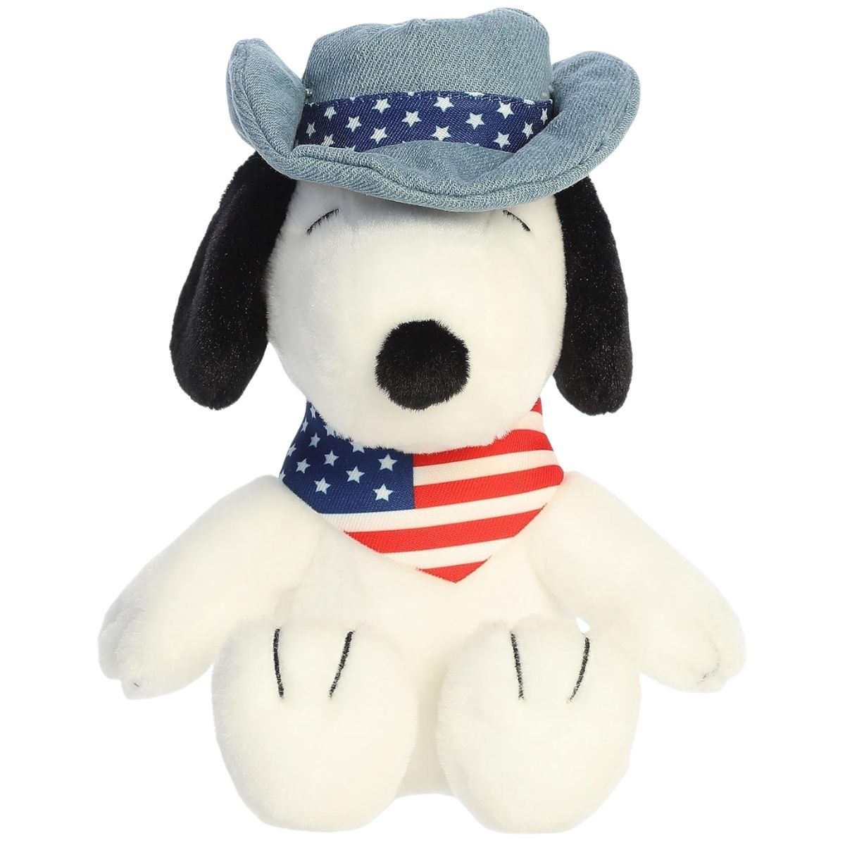 Front portrait thumbnail of the Americana Snoopy plush showcasing his peaceful smile, star-patterned hat, and patriotic bandana.
